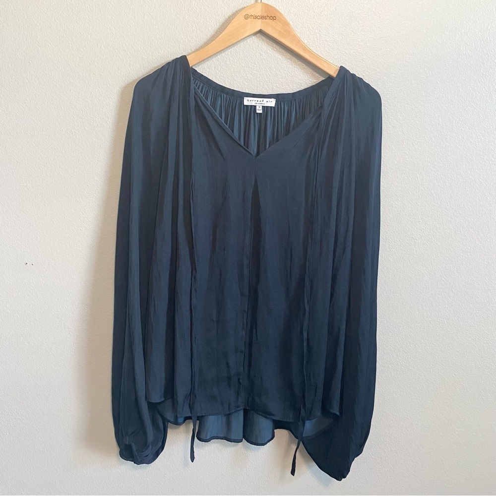 Current Air Navy Blue Satin Long Sleeve Split Neck Ba Sleeve Peasant Top S